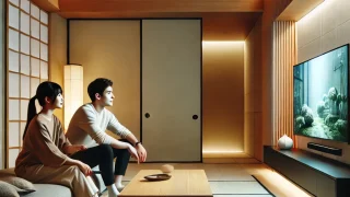 現代的な和風のリビングルームで、カップルがテレビを視聴している風景。