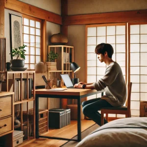和風の家庭用オフィスで、机に座りリサーチをしている男性。