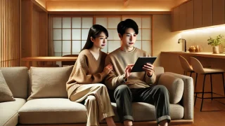 日本のモダンなリビングルームで、若いカップルがベージュのソファに座り、一緒にタブレットを見ている様子。木製家具と柔らかな照明が落ち着いた雰囲気を演出し、前のコーヒーテーブルには軽食と飲み物が置かれている。