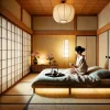 布団の縁に座り、湯飲みを手にしている若い女性がいる、静かで和やかな和風の寝室。