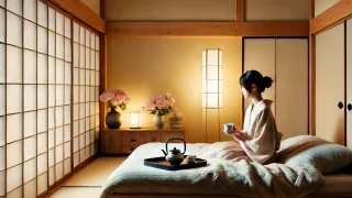 布団の縁に座り、湯飲みを手にしている若い女性がいる、静かで和やかな和風の寝室。