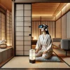 モダンな和風リビングルームで、VRヘッドセットを装着して畳の上でVR体験を楽しむ若い女性。