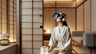 モダンな和風リビングルームで、VRヘッドセットを装着して畳の上でVR体験を楽しむ若い女性。