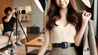 モダンでスタイリッシュなセットで写真撮影の準備をする日本のAV女優。ジャンルごとの魅力を引き出すプロフェッショナルな一面を強調。