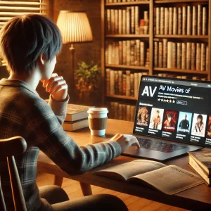 暖かい照明の部屋でノートパソコンを使い、ストリーミングサイト上でAV映画のレビューや評価を確認する日本人のリアルな写真。