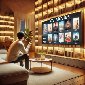 モダンなリビングルームで、AV映画の選択画面を眺める日本人がソファに座っている様子。