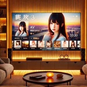 モダンで居心地の良いリビングルームにある大型テレビに、AV女優のプロフィールと映画選択画面が表示されている様子。