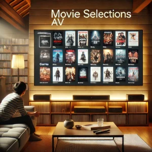 モダンな日本のリビングルームで、大型テレビにジャンル別に分類されたAV映画の選択画面を表示している様子。