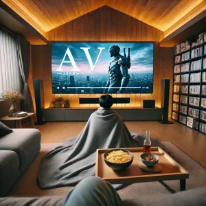 モダンな日本のリビングルームで、ブランケットとスナックを手にAV映画をリラックスして視聴する様子。
