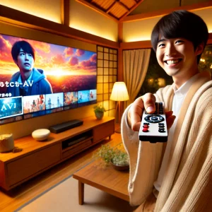明るく居心地の良い日本のリビングルームで、リモコンを手にAV映画を選び終えた笑顔の人物。