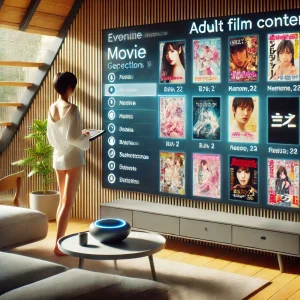 モダンな日本のリビングルームで、ジャンルや好みに応じたアダルト作品を選択する人物。